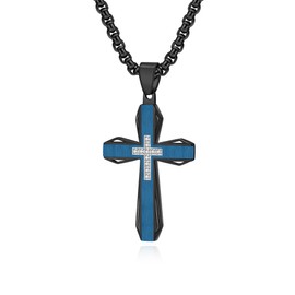 Oskani Mens Cross Necklace Stainless Steel Blue Crucifix Cubic Zirconia Pendant with Chain Black Gold Jewelry