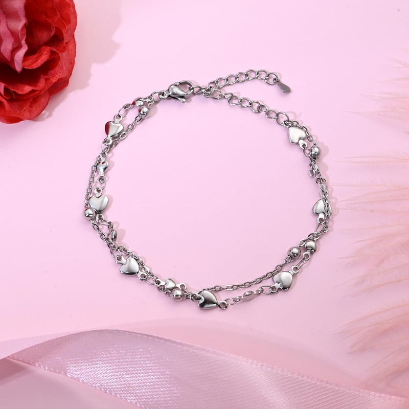 Double Layer Sterling Silver Heart Charm Bracelet, Adjustable Chain, Valentine's