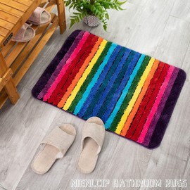 NIENLCIP Rainbow Bath Mat Colorful Striped Floor Bathroom Rugs Super Soft and Absorbent Microfiber Plush Bath Rugs with Non-Slip Backing for Bathroom Machine Washable 19"X27"