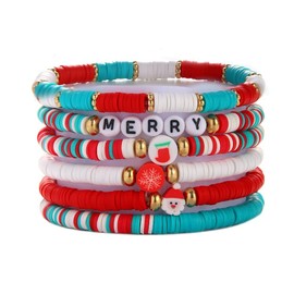 Christmas Polymer Clay Beaded Stackable Bracelets Set for Women Cute Santa Claus Snowflakes Bell Xmas Tree Heishi Surfer Stretch Beads Bracelets Holiday Festive Christmas Party Jewelry Gifts-Set F