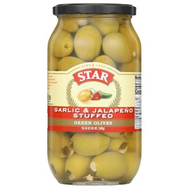 STAR GREEN OLIVES DOUBLE SUTFFED GARLIC & JALAPEÑO 21 OZ