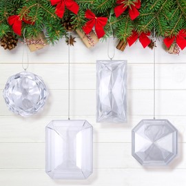 Vercraft 4 Pack Jewel Christmas Ornaments 3.9"- 6.2" Xmas Tree Hanging Ornaments Acrylic Rectangle Jewel Hanging Decors Glitter Xmas Rectangle Gemstones for Xmas Wedding Holiday Party Decor(Silver)