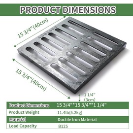 Cast Iron Drain Grate, 16 * 16in Heavy Duty Outdoor Drain Cover, B125 Class Channel Grate, Metal Sewer Grate, Black Square Drainage Grate for Concrete Floor, Yard, Driveway & Garage.