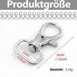 Pack of 30 Rotating Key Chains, Carabiner Clasps with D-Ring Key Rings, Carabiner Clasp, Key Chains Clip, Key Rings Made of Zinc Alloy, 15 mm