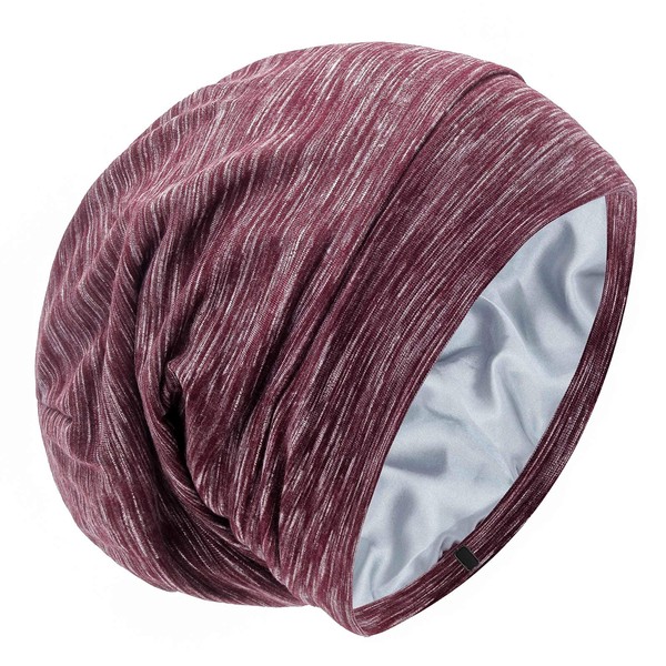 Silk Satin Lined Bonnet Sleep Cap - Adjustable Stay on All Night Hair Wrap Cover Slouchy Beanie for Curly Hair Protection for Women and Men - Heather Burgundy