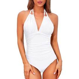 Tempt Me - Traje de baño de una pieza para mujer, con control de barriga, sexy, fruncido, adelgazante, traje de baño, Blanco, Large