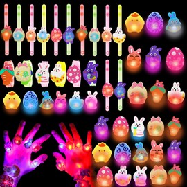 Decodinli 42 PCS Easter Egg Fillers Light Up Party Favors Easter Basket Stuffers for Kids Glow in the Dark Party Favors Light Up Toys for Kids Bulk Flashing Glow Rings Bracelets for Boys Girls