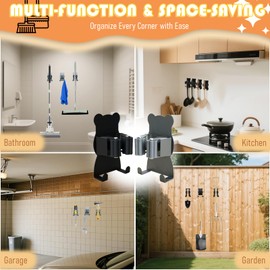 Werncy Broom Rack Wall Mount with Double Hooks, 3 Cute Bears Stainless Steel Heavy Duty Mop Rack Wall, Garden Outdoor Tool Storage Mount Nail-Free Glue Installation Black and Gray