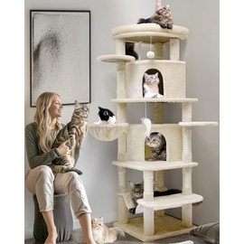 Globlazer C66 Large Cat Tower, Curved Series Corner Cat Trees and Towers for Large Indoor Cats with Big Cat Condos, 6 Scratching Posts, Hammock, Beige