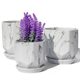 FINESTIC White Plant Pots Set of 3 Planters 4,5,6 Inch with Saucer Tray, Mesh Pad, Drainage Hole and Stopper, Flower Pot, Garden Indoor Outdoor Planter, Modern Home Decor (Ceramic, Marble White)