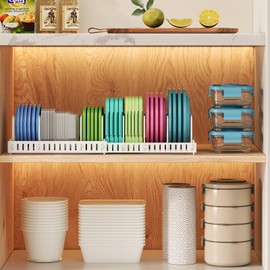X-cosrack Expandable Food Container Lid Organizer,Large Capacity Adjustable 10 Dividers Detachable Lid Organizer Rack for Cabinets, Cupboards, Pantry Shelves, Drawers to Keep Kitchen Tidy,White