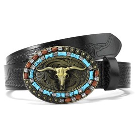 SENDEFN Western Cowboy Belt for Men Women Leather Longhorn Bull Buckle Belts 1.5" Wide Country Belt for Jeans