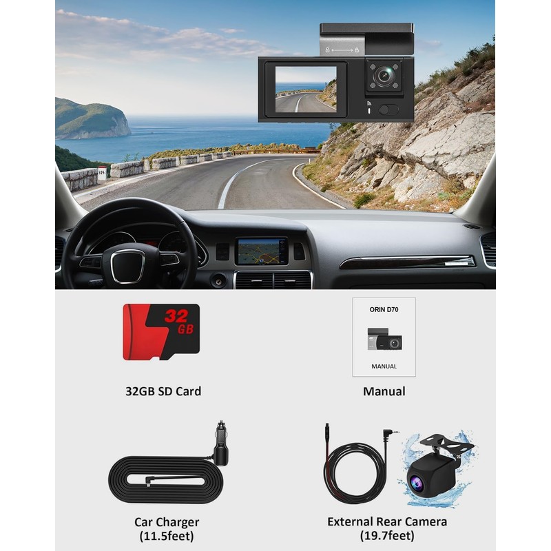 3 Channel 4K WiFi Dash Cam, 4K+1080P+1080P Front Inside and
