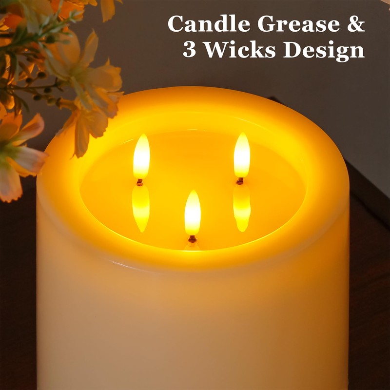 Yeelida 3-Wick 6"x6" Extra Large Real Wax Flameless Pillar Candles