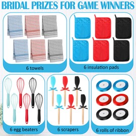 Teenyyou 6 Sets Baby Shower Game Prizes for Winners, Pot Holder Whisk Silicone Spatula with Bowknots Baking Towels Kit Gifts for Wedding Bridal Shower Baby Shower Game Prizes