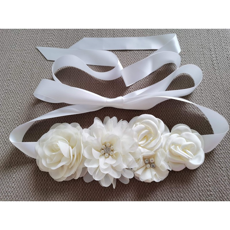 Handmade maternity sash belt with flowers and bow rhinestones decor
