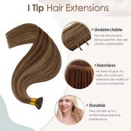 I Tip Hair Extensions 100 Strands Pre Bonded Stick Tip Keratin Real Remy Human Hair Extension Straight - #4/27 Medium Brown Mix Dark Blonde - 16 inches