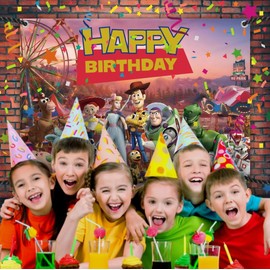 7X5 FT Toy Cartoon Story Backdrop for Photography Happy Birthday Banner Party Decorations for Boys and Girls Photoshooting Indoor and Outdoor