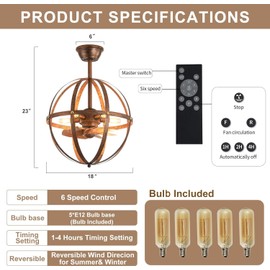 Caged Ceiling Fan with Lights and Remote Rustic Chandeliers Hangling Lights Flush Mount Ceiling Fans with Lights Fandelier Farmhouse Indoor for Dinning Room Gazabo Entrance Bronze Rust(Bulbs Included)