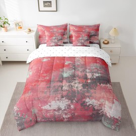 Erosebridal Watercolor Red and Grey Comforter Set 7 Pcs,Modern Abstract Art Bedding Set,Tie Dye Bed in A Bag for Kids Boys Girls,Contemporary Artwork Flat Fitted Sheet (Red Grey,Queen Size)