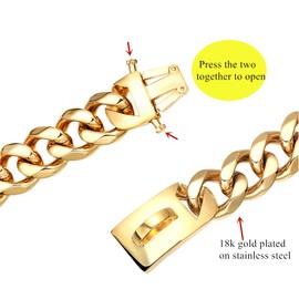 RUMYPET Gold Dog Collar 18k Cuban Link Chain Dog Collar 15mm/19mm Wide Chew Proof Strong Stainless Steel Chain Dog Collar Walking Training for Medium Large Dogs 10-26inch(15mm,14inch)