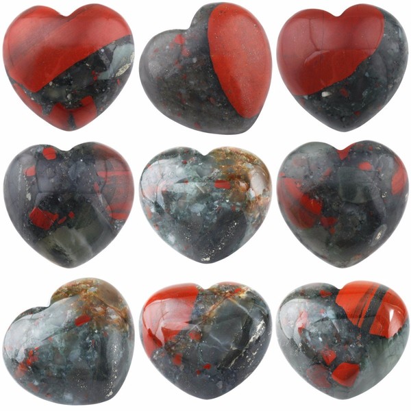 SUNYIK Natural Africa Bloodstone Carved Puff Heart Pocket Stone,Healing Palm Crystal Pack of 10(0.8")