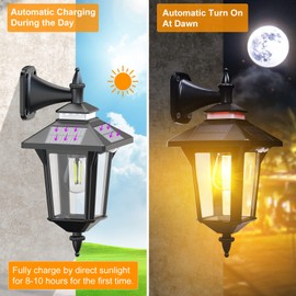 Kuniwa Motion Sensor Solar Wall Lights Outdoor with 3 Modes, Dusk to Dawn LED Wall Lantern Waterproof Front Porch Sconce Exterior for Patio Garage Garden Barn Yard House, 2 Types of Wall Mount, 2 Pack