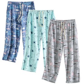 PNAEONG 3 Pack Womens Pajama Pants Cotton Capri Pajama bottoms Drawstring Pj Bottoms Sleep Lounge Pants with Pockets X-Large