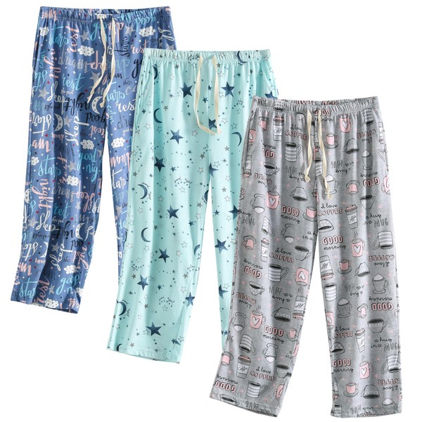 PNAEONG 3 Pack Womens Pajama Pants Cotton Capri Pajama bottoms