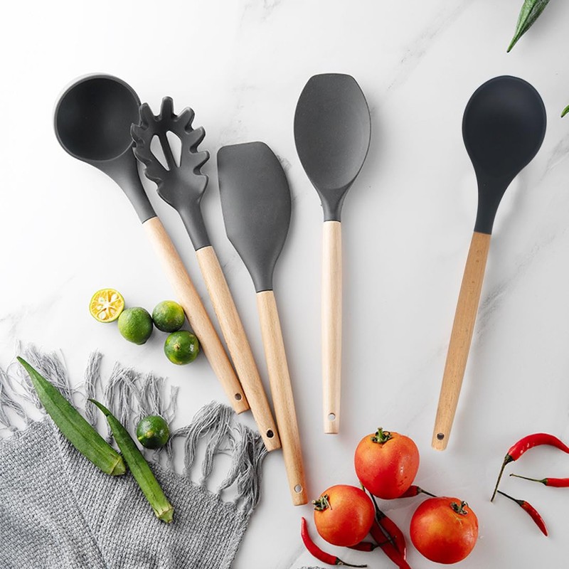 Silicone Pasta Fork and Silicone Cooking Spoon Set, Large Non
