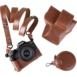 EOS R50 Case, Retro PU Leather Protective Case for 𝐂𝐚𝐧𝐨𝐧 EOS R50 DSLR Camera - EOS R50 Camera Case Bag Cover with Bottom Opening & Shoulder Strap & Storage Pocket (Coffee)