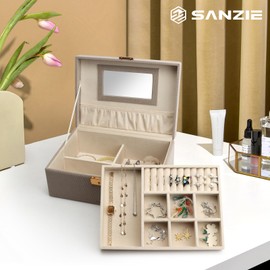 SANZIE Jewelry Box 2 Layers Velvet Organizer Storage Case with Removable Jewelry Tray with Mirror, Jewelry Box for Earrings Rings Necklaces Bracelets (Grey, Large)