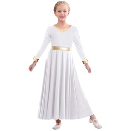 TLMNU Girls Praise Dance Dress Metallic Gold Liturgical Worship Church Robe Full Length Swing Lyrical Dance Costume,White,Tag130 7-8 Years