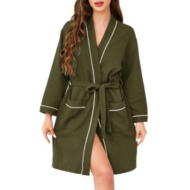 Vlazom Women Dressing Gown, Lightweight Waffle Robe Soft Cotton Bathrobes Mid-Length Robes with Pockets for All Seasons Spa Hotel Sleepwear Army Green,M