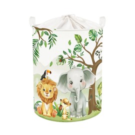 HUUMONSS Forest Animals Baby Laundry Hamper with Handle Clothes Kids Storage Basket Collapsible Boys Girls Gift Toy Box Bin for Nursery Room, White, 63L