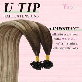 YoungSee U Tip Hair Extensions Balayage Brown Utip Human Hair Extensions Ombre Dark Brown to Medium Brown with Blonde U Tip Keratin Hair Extensions Human Hair U Tips Real Human Hair 20 Inch 50s/50g