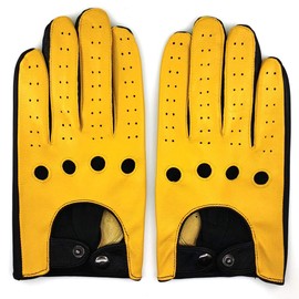 ZLUXURQ Mens Touchscreen Professional Leather Driving Gloves Unlined -Soft and Thin Italian Lambskin Black & Yellow