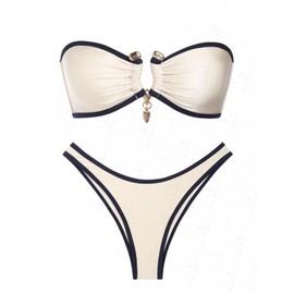 seamoly Ruched U-Ring Metal Tied Back Bandeau Top & Brazilian Bottom Bikini Set, Crystal Cream, X-Small