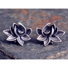 NicoWerk Women's Silver Lotus Stud Earrings Made of 925 Sterling Silver Flower Blossom Vintage Blackened Ethno SOS314