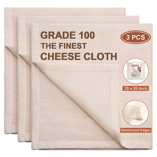 eFond Cheesecloth, Precut 20x20Inch, Grade 100 Hemmed Cheese Cloths for Cooking Reusable and Washable, 100% Unbleached Pure Cotton Muslin Cloths for Straining Butter, Cheese, Nut Milk (3 Pieces)