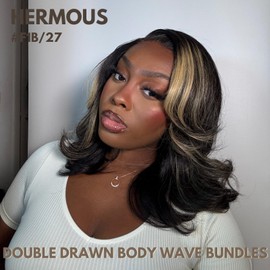 HERMOUS 12A Double Drawn FB/27 Human Hair Bundles Body Wave Blonde Highlight Color, Honey Blonde with Black Single Bundle Human Hair 100% Unprocessed Hair Colored Single Bundle Wavy Sew In 10 Inch