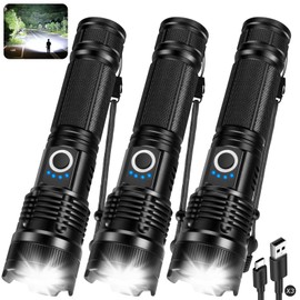 3 Pack Rechargeable Flashlights High Lumens, 90000LM Super Bright LED Flashlight, Adjustable Powerful Flash Light with 5 Modes & USB Cable, Waterproof Handheld Flashlight for Home Camping Outdoor