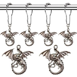 Molika Dragon Shower Curtain Hooks Rings - Antique Silver Metal Curtain Hangers Decorative Bath Room Accessories Set - Forest, Country, Village Theme Kids Baby Room Bathroom Decor (Dragon-01)