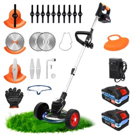 ALSO GO 24V Electric Weed Wacker, Cordless Grass Trimmer with 2 Batteries & Charger, 3 in 1 Stringless Brush Cutter/Weed Eater/Edger/Lawn Mower with 3 Types Blade & Wheels for Garden and Yard Lawn