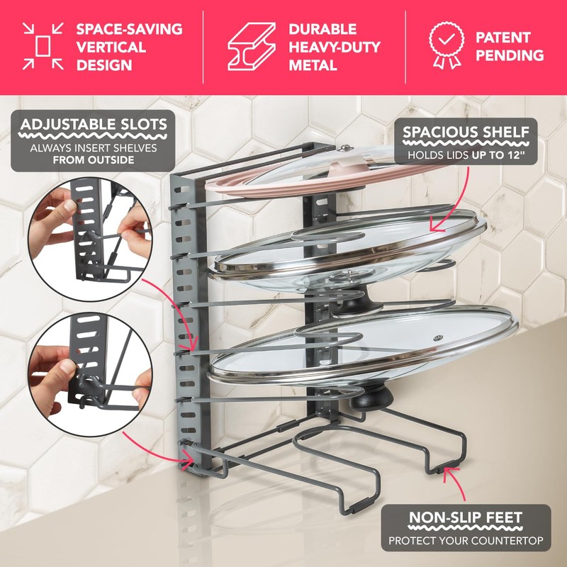 Free-Standing Adjustable Pot Lid Organizer for Cabinet - Kitchen Storage