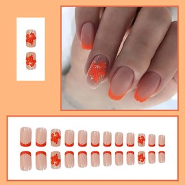 24 Pcs Autumn Thanksgiving Almond Press on Nails French Tip False Nails with Leaf Design Nude Fake Nails Orange Nail Tips Glossy Glue on Nails Medium Full Cover Stick on Nails for Women Girls