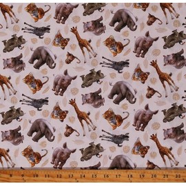 Cotton Baby Safari Animals Elephants Zebras Lions Cubs Hippos Giraffes Rhinos African Wildlife Whose Nose & Toes Beige Cotton Fabric Print by The Yard (7310BEIGE)