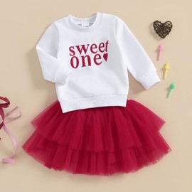XIXIMAON Infant Toddler Girls Birthday Outfits Sweet One Embroidery Long Sleeve Jumper Sweatshirt Tulle Tutu Skirt Set My First Birthday Skirt Outfits (Red, 6-12 Months)