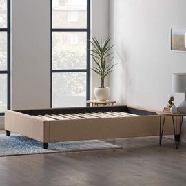 LUCID Upholstered Bed with Slats – Linen Inspired Fabric – No Box Spring Required – Compatible with Adjustable Bases Platform, California King, Beige