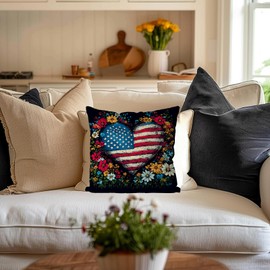 QIONG MENG 4th of July Pillow Covers 18x18 Inch American Flag Love Hearts Flower Patriotic Pillowcases Independence Memorial Day Cushion Case for Home Sofa Farmhouse Decorations